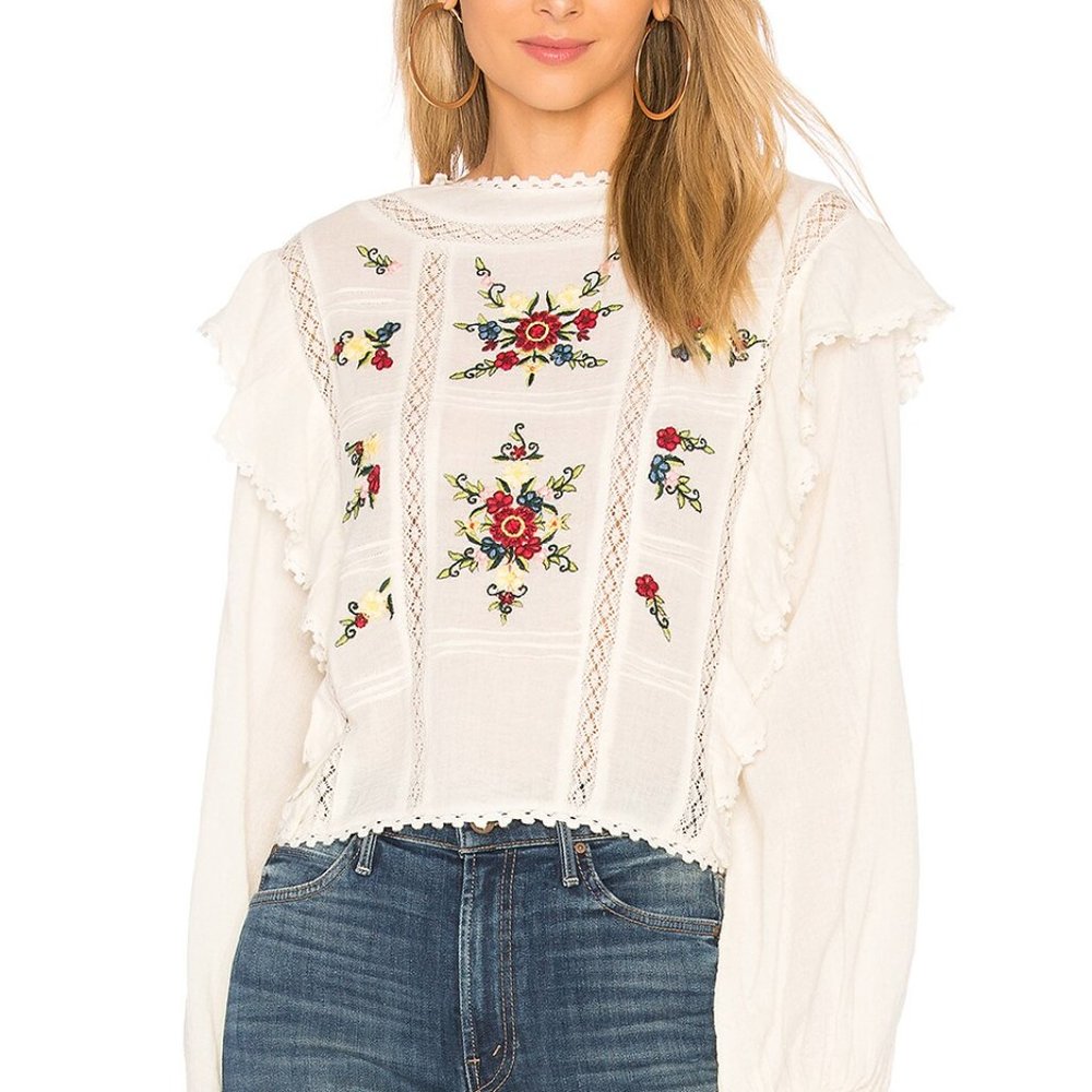 Nwot Free People Amy Long Sleeve Embroidered Ivory Blouse Top Small $128